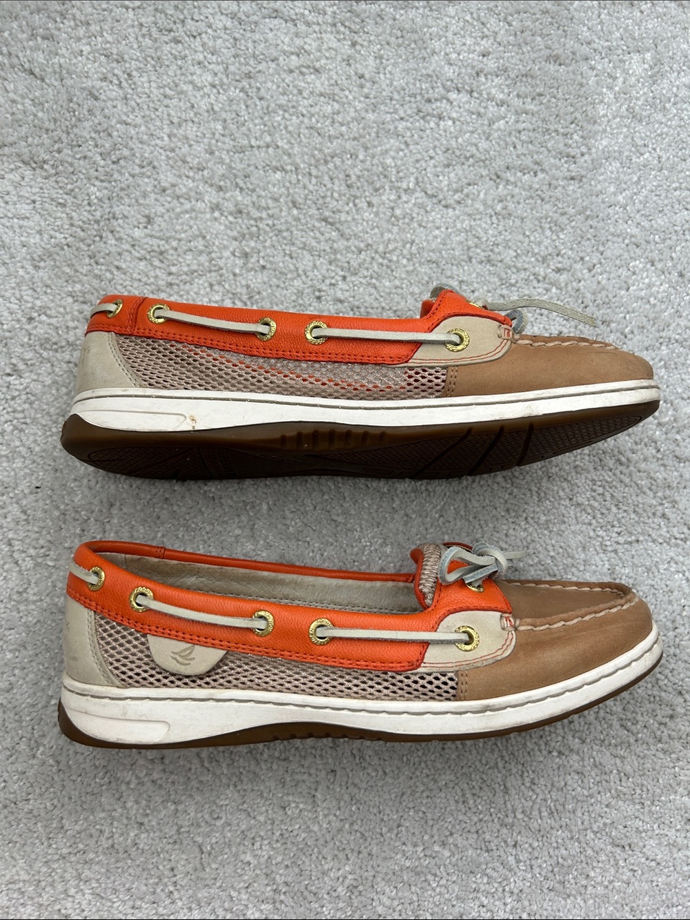 Sperry Women's Tan Leather Angelfish Moccasins w/ Orange Trim - Limited Edition - Picture 2 of 5